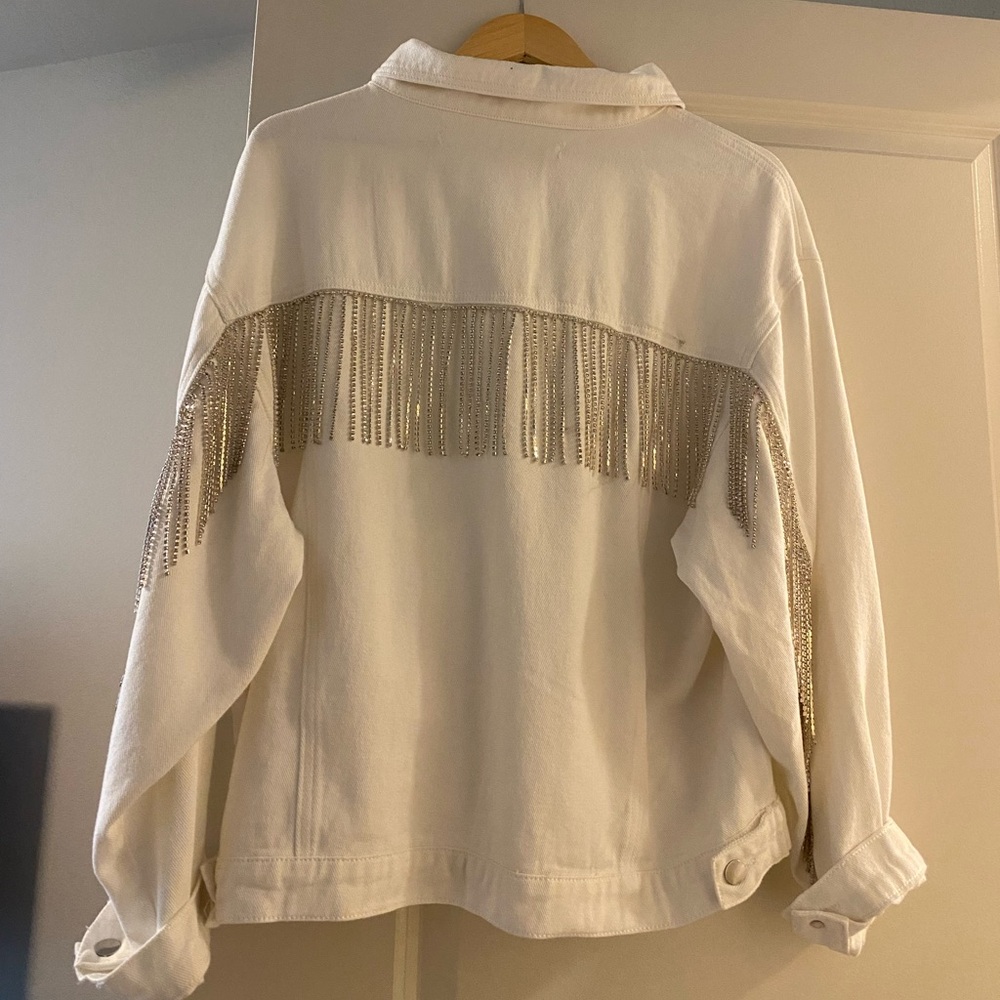 Untamed Petals White Rhinestone Fringe Denim Jacket